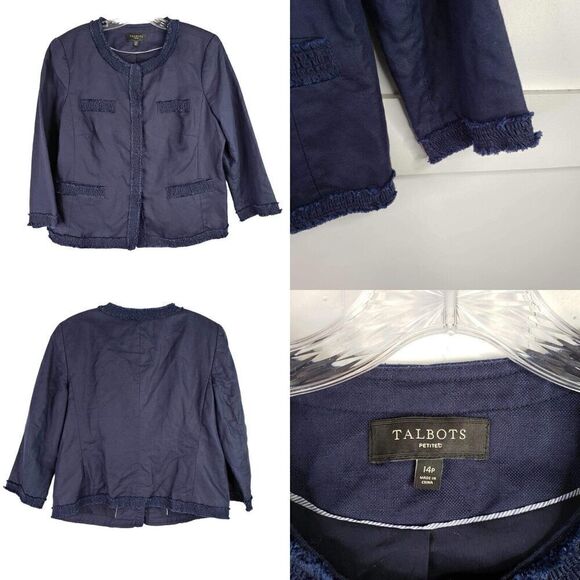Talbots Blazer Women’s Size 14P Petite Navy Blue Linen Jacket Fringe Crop - Picture 1 of 8